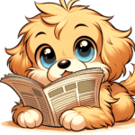 Cartoon puppy holding a newspaper with no writing